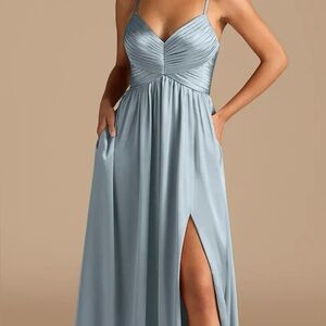 Azazie Dusty Blue Metallic Satin Maxi Dress